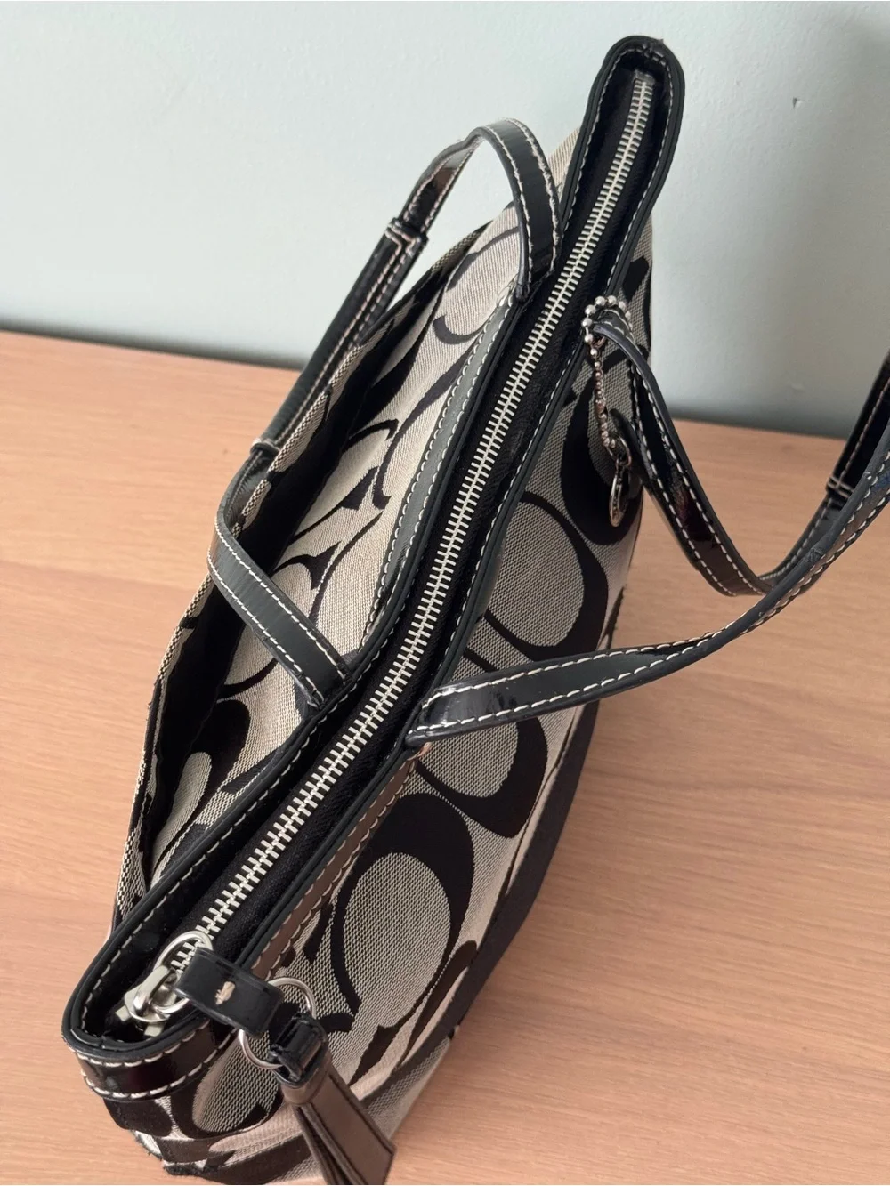 VTG Y2K Coach Signature Stripe Tote Black-On-Gray Monogram Jacquard Shoulder Bag